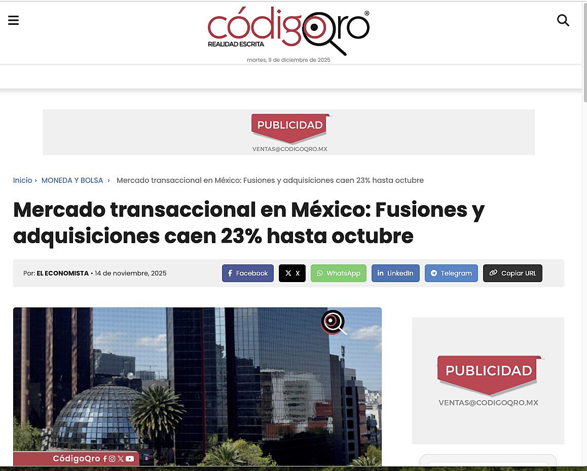 Mercado transaccional en Mxico: Fusiones y adquisiciones caen 23% hasta octubre